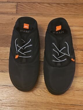 Wren Black Slip-On Loafers with Orange Tabs. NWOTs